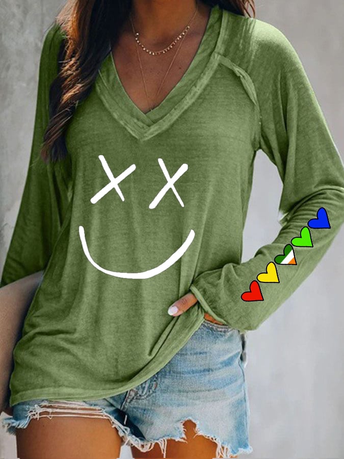 Women'S Casual V-Neck Printed Long Sleeve T-Shirt