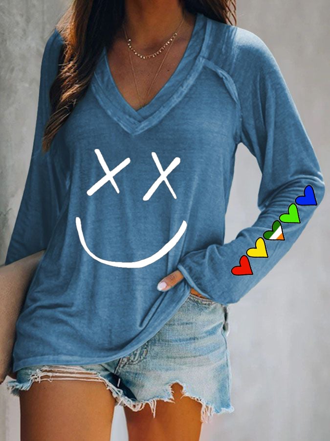 Women'S Casual V-Neck Printed Long Sleeve T-Shirt