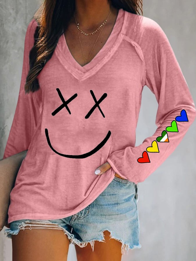 Women'S Casual V-Neck Printed Long Sleeve T-Shirt