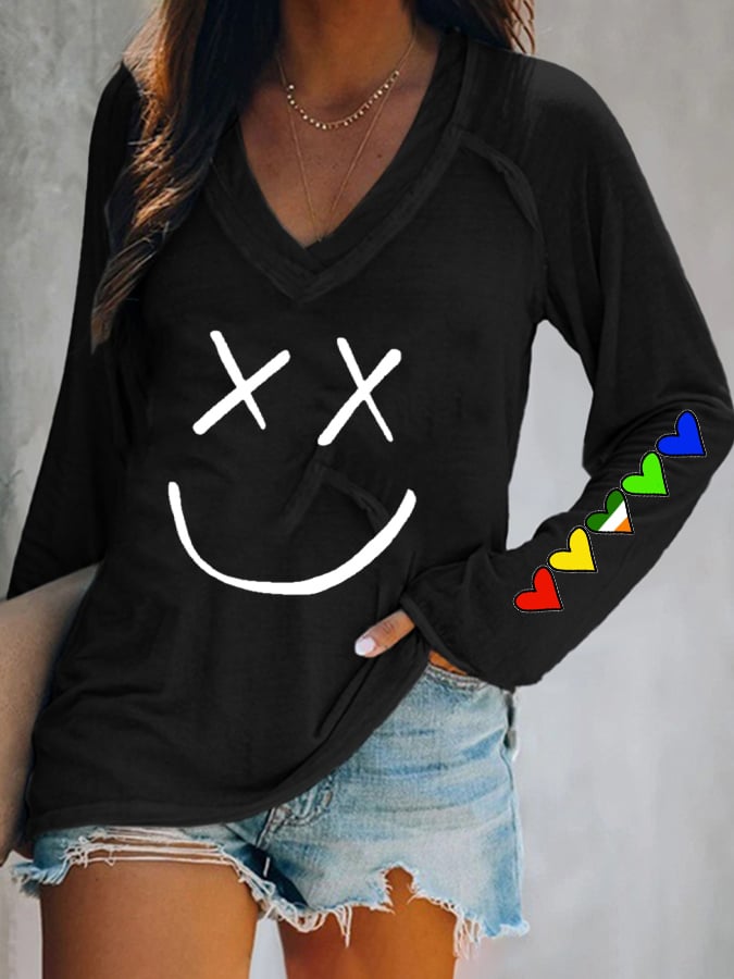 Women'S Casual V-Neck Printed Long Sleeve T-Shirt