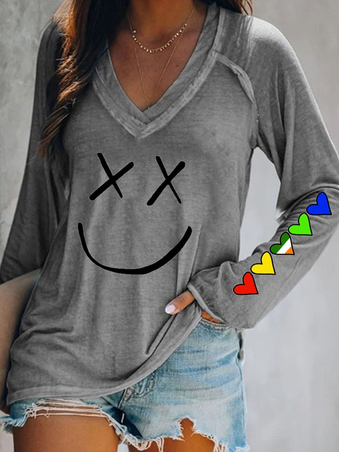 Women'S Casual V-Neck Printed Long Sleeve T-Shirt