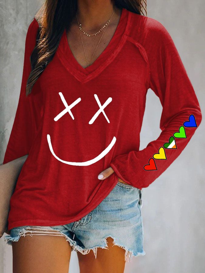 Women'S Casual V-Neck Printed Long Sleeve T-Shirt