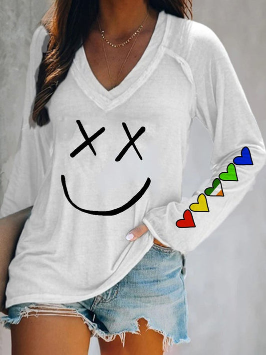 Women'S Casual V-Neck Printed Long Sleeve T-Shirt